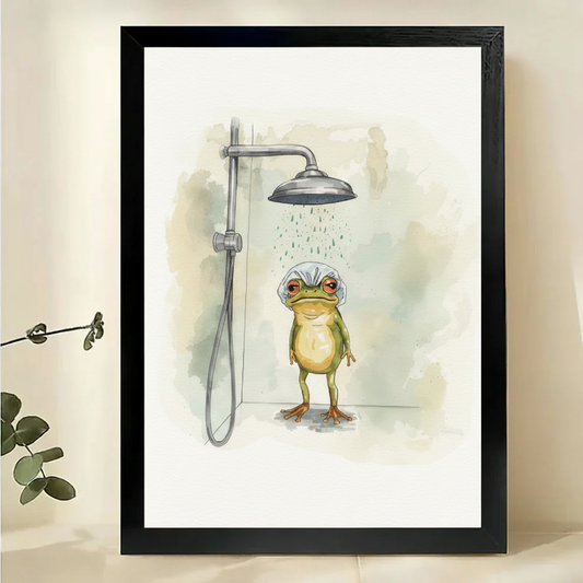 Frog in the Shower Wall Art – Whimsical Watercolour Bathroom Canvas Print on Natural Wood Frame | W2320