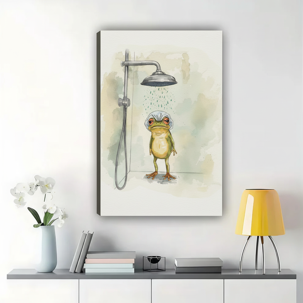 Frog in the Shower Wall Art – Whimsical Watercolour Bathroom Canvas Print on Natural Wood Frame | W2320