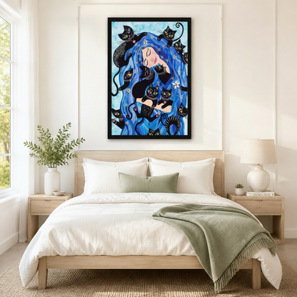 Boho Cat Goddess Blue Hair Canvas Wall Art w4144