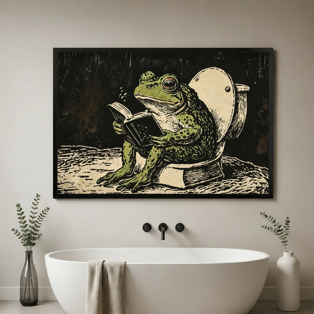 Frog Reading on Toilet Canvas Art w4299