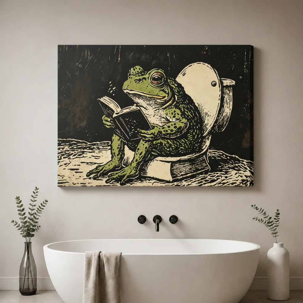 Frog Reading on Toilet Canvas Art w4299