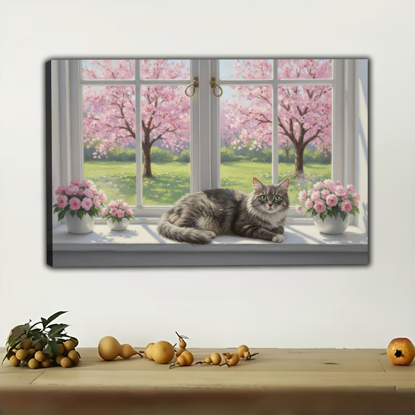 The Romantic Cherry Blossom Twin Cats – Cozy Wall Art on Natural Wood Canvas | W574