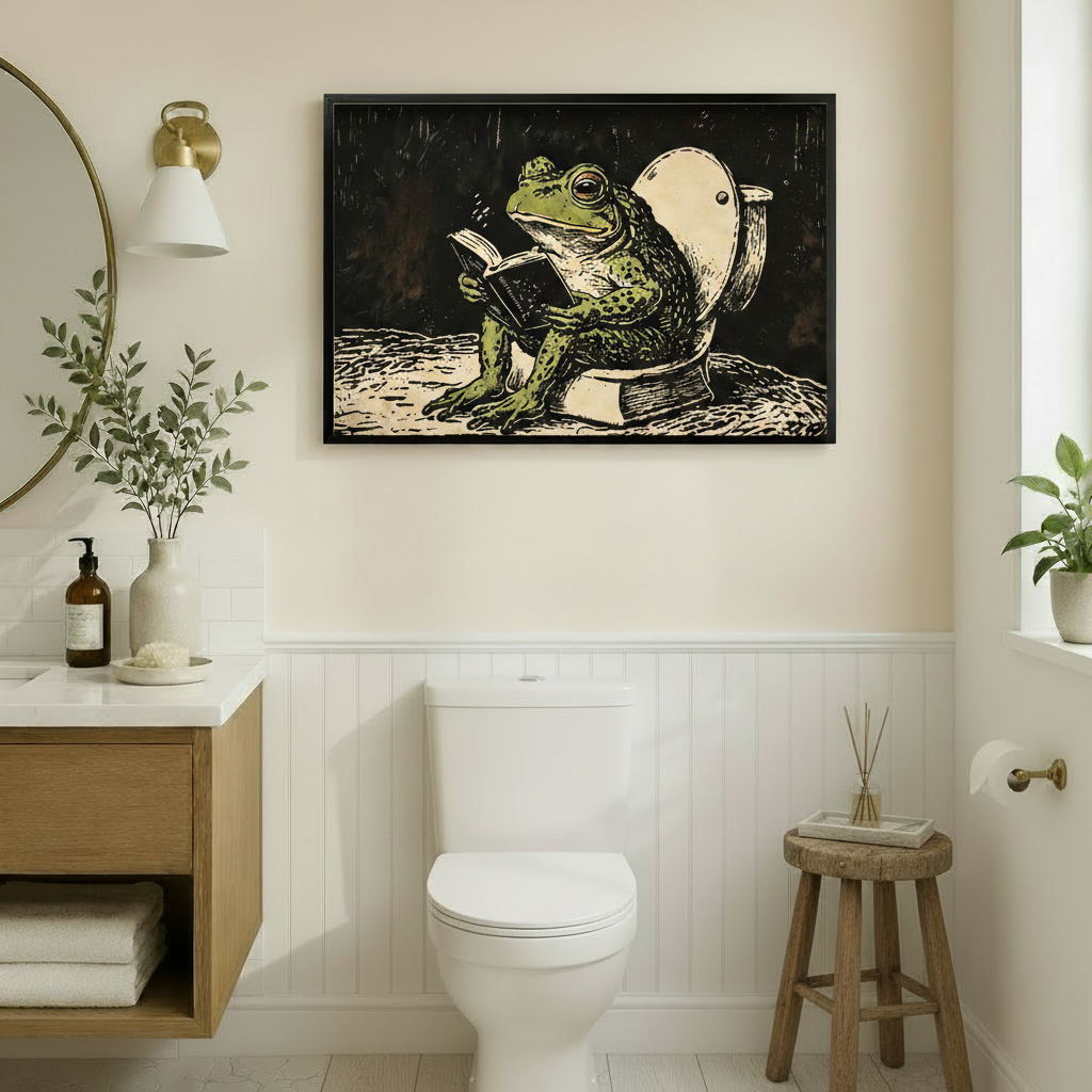 Frog Reading on Toilet Canvas Art w4299