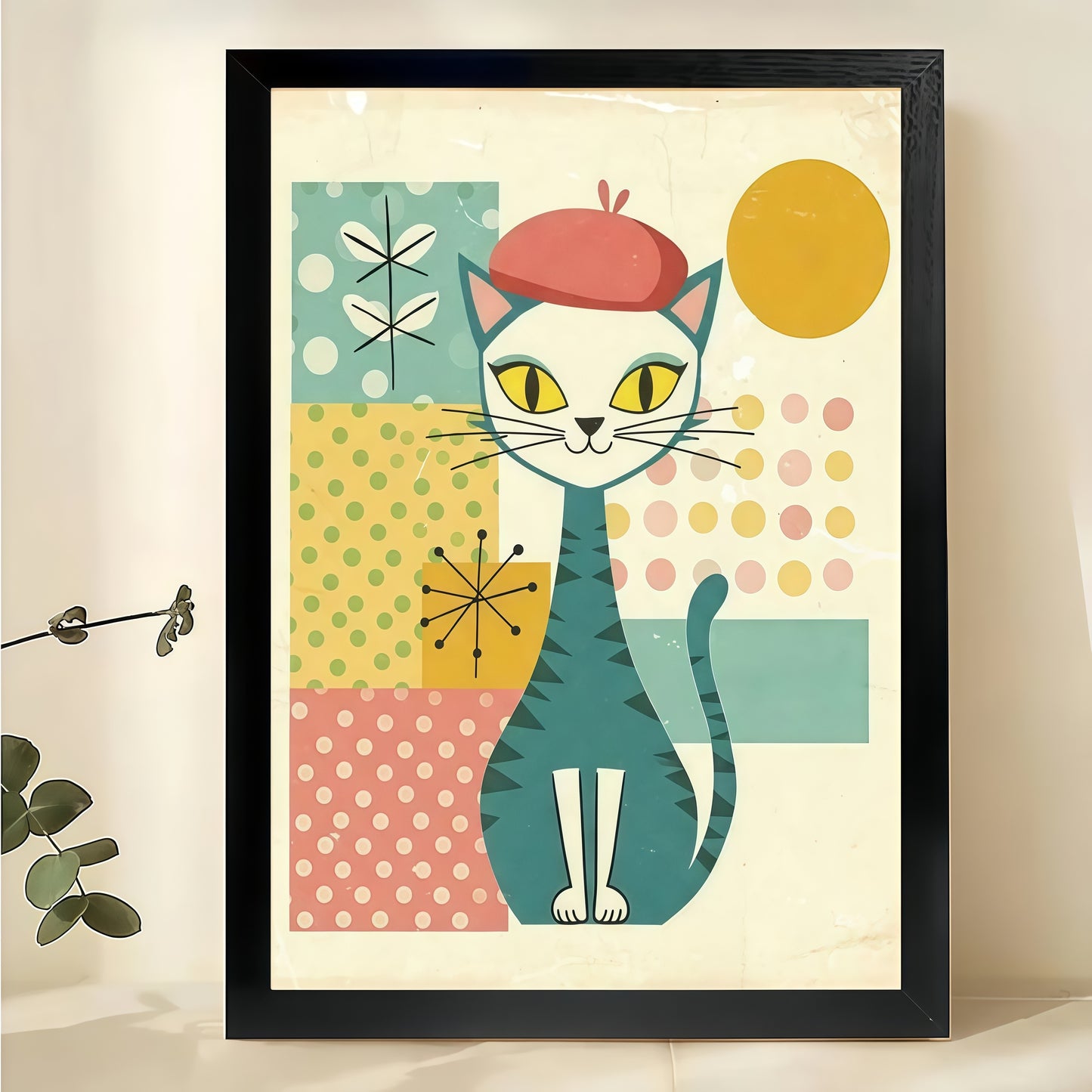 Mid-Century Cat with Red Beret Wall Art – Retro Geometric Cat Canvas Print on Natural Wood Frame | W2258