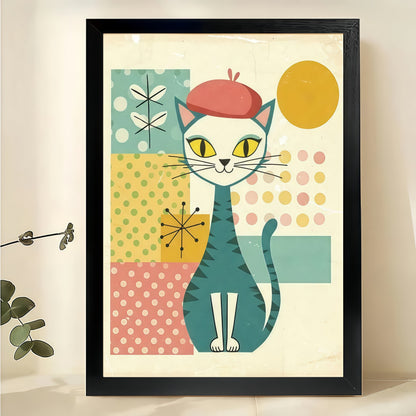 Mid-Century Cat with Red Beret Wall Art – Retro Geometric Cat Canvas Print on Natural Wood Frame | W2258