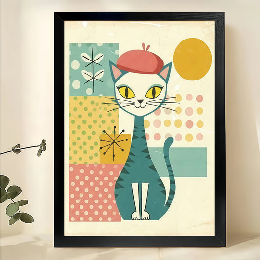 Mid-Century Cat with Red Beret Wall Art – Retro Geometric Cat Canvas Print on Natural Wood Frame | W2258