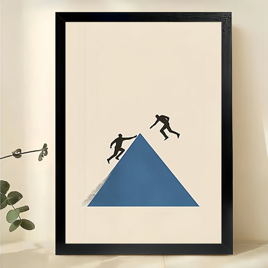 Two Figures on Blue Pyramid – Minimalist Abstract Wall Art on Natural Wood Canvas | W959