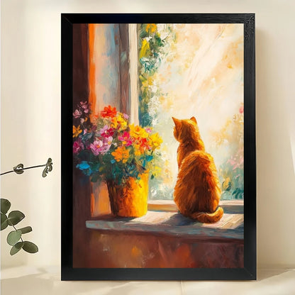 Ginger Cat at Window – Cozy Oil Painting Style Wall Art on Natural Wood Canvas | W857