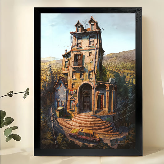 The Surreal Vintage Castle – Dreamy Fantasy Wall Art on Natural Wood Canvas | W642