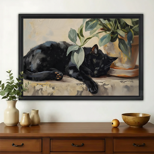 Sleeping Black Cat with Greenery – Vintage Oil Painting Style Wall Art on Natural Wood Canvas | W953