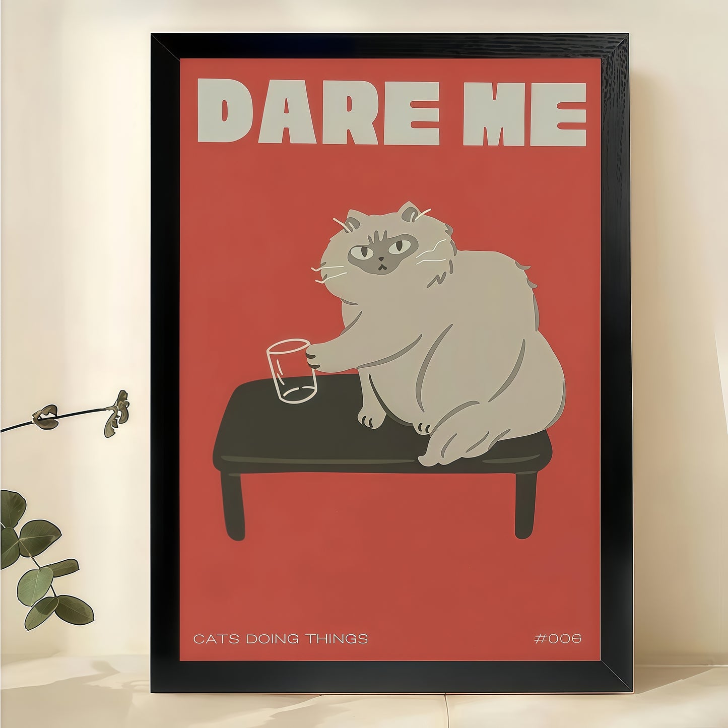 Dare Me Cat & Mouse – Playful Retro Quote Wall Art on Natural Wood Canvas | W982