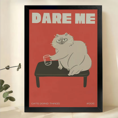 Dare Me Cat & Mouse – Playful Retro Quote Wall Art on Natural Wood Canvas | W982