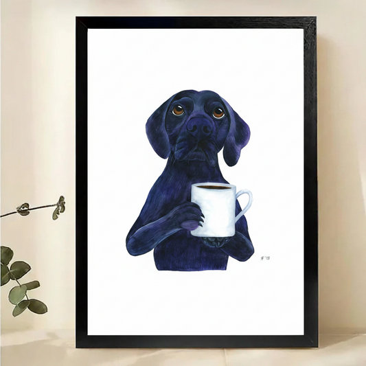 Black Labrador with Coffee Mug Wall Art – Whimsical Pet Dog Framed Canvas Print | W2136