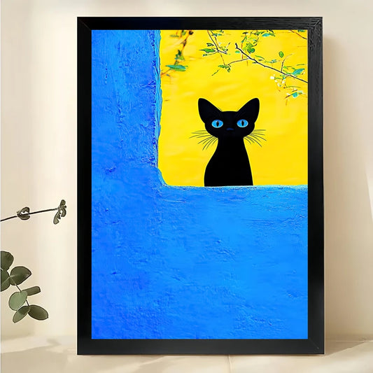 Vibrant Blue & Yellow Black Cat Wall Art – Whimsical Abstract Cat Canvas Print on Natural Wood Frame | W2075