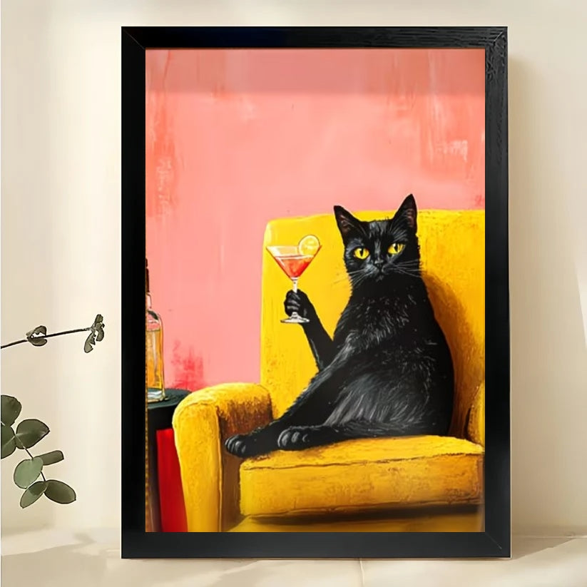 Retro Black Cat with Wine  – Luxe Whimsical Wall Art on Natural Wood Canvas | W780