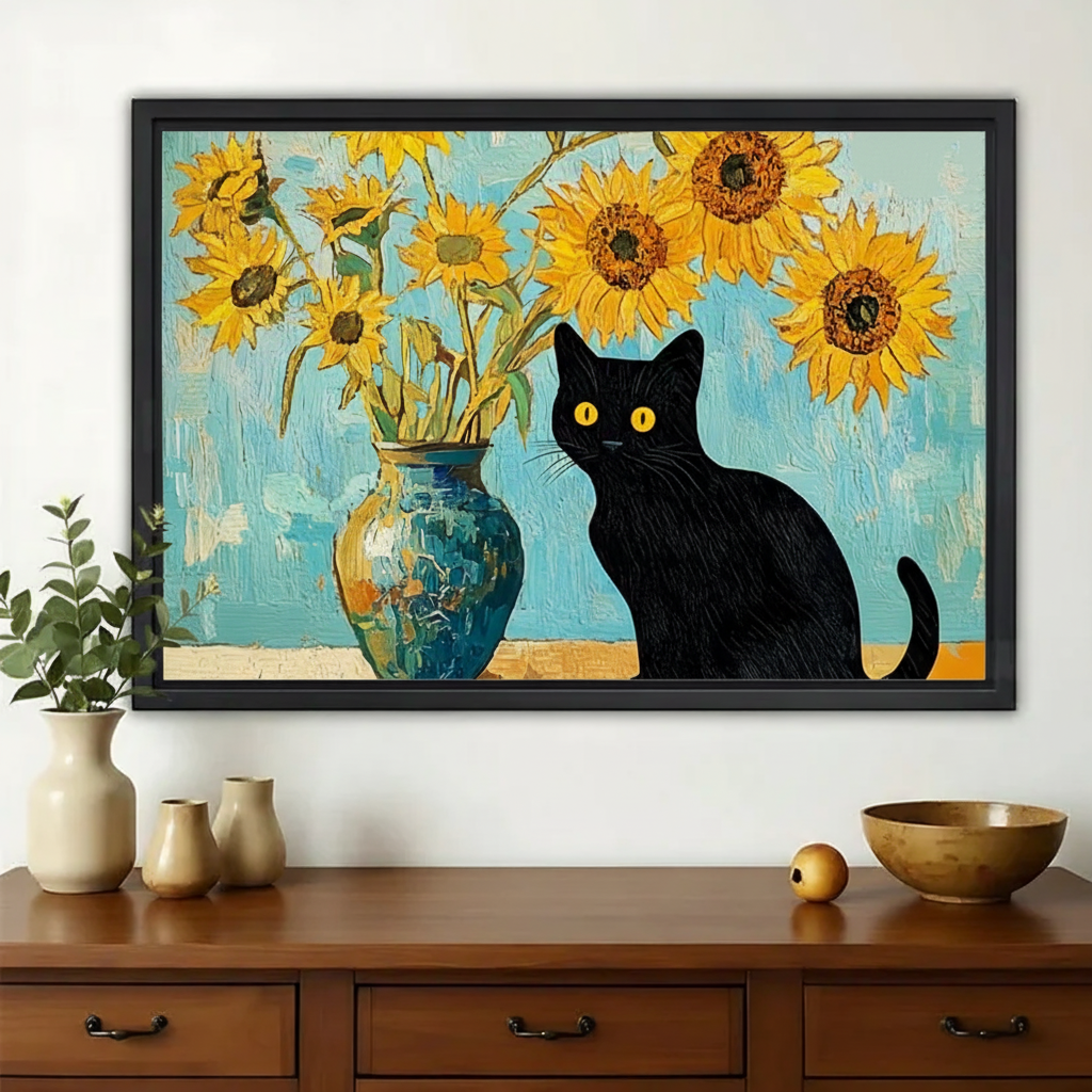 Black Cat with Sunflowers – Van Gogh Inspired Cat Wall Art on Natural Wood Canvas | W2025