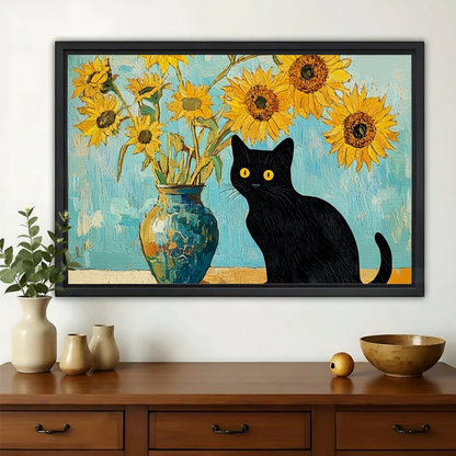 Black Cat with Sunflowers – Van Gogh Inspired Cat Wall Art on Natural Wood Canvas | W2025