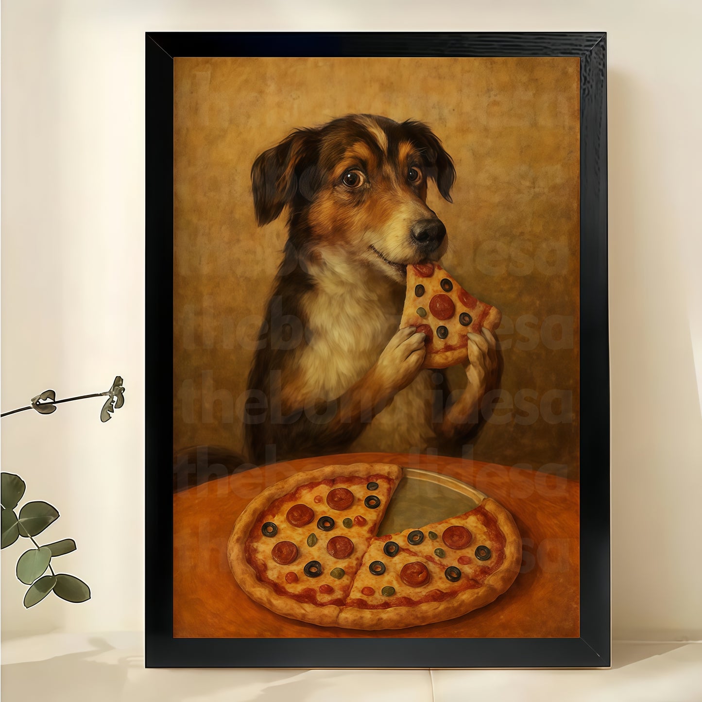 Vintage Dog Eating Pizza – Humorous Still Life Wall Art on Natural Wood Canvas | W813