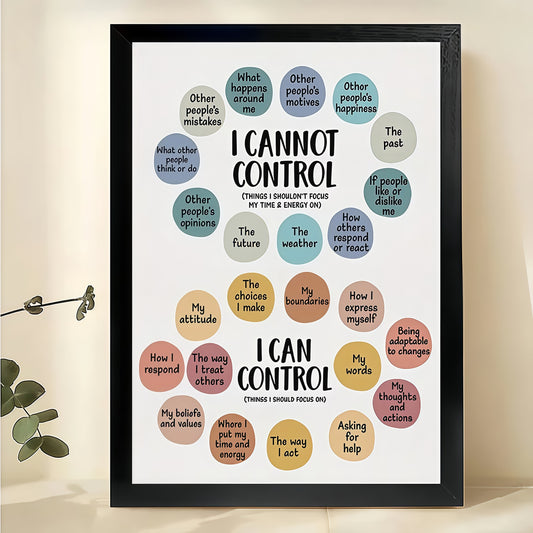 I Cannot Control / I Can Control Mental Health Check-In – Minimalist Therapy Wall Art on Natural Wood Canvas | W975
