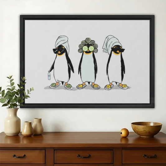 Self-Care Spa Penguins Wall Art – Whimsical Funny Penguin Canvas Print on Natural Wood Frame | W2231