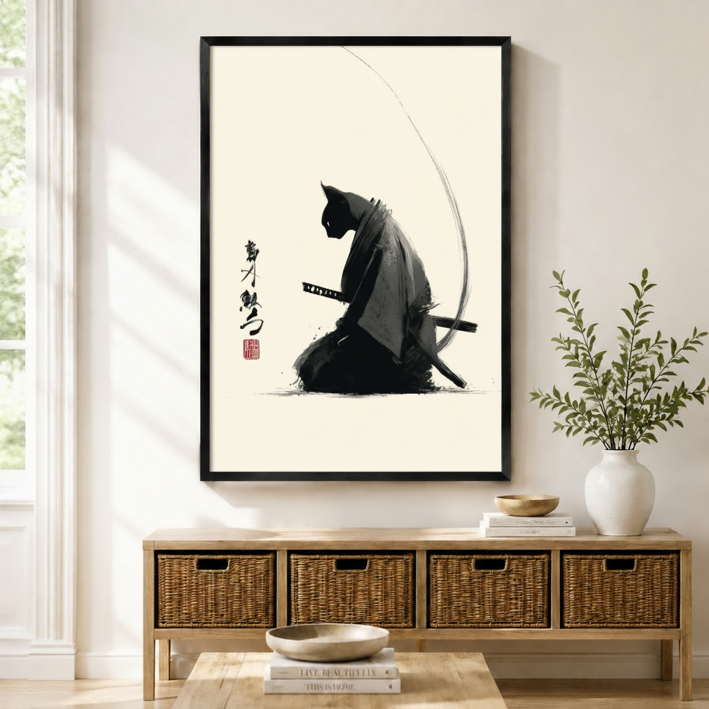 Japanese sumi-e samurai cat with katana ink wash art print in black frame above wicker console table in neutral minimalist entryway