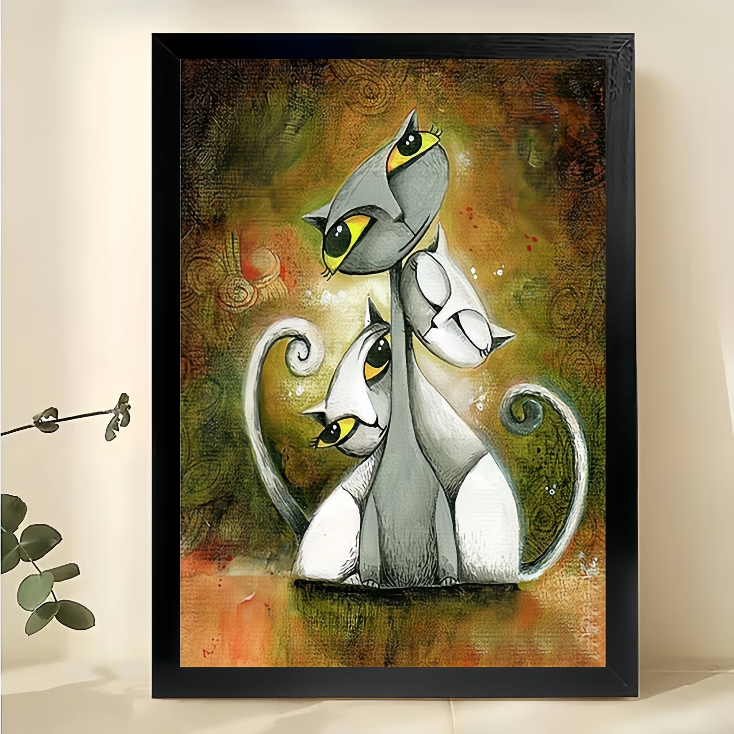 Whimsical Cat Family – Artistic Surreal Cat Portrait Wall Art on Natural Wood Canvas | W2046
