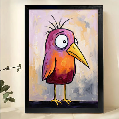 Whimsical Pink-Orange Bird Wall Art – Quirky Abstract Bird Canvas Print on Natural Wood Frame | W2425