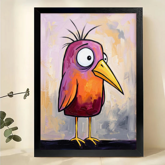 Whimsical Pink-Orange Bird Wall Art – Quirky Abstract Bird Canvas Print on Natural Wood Frame | W2425