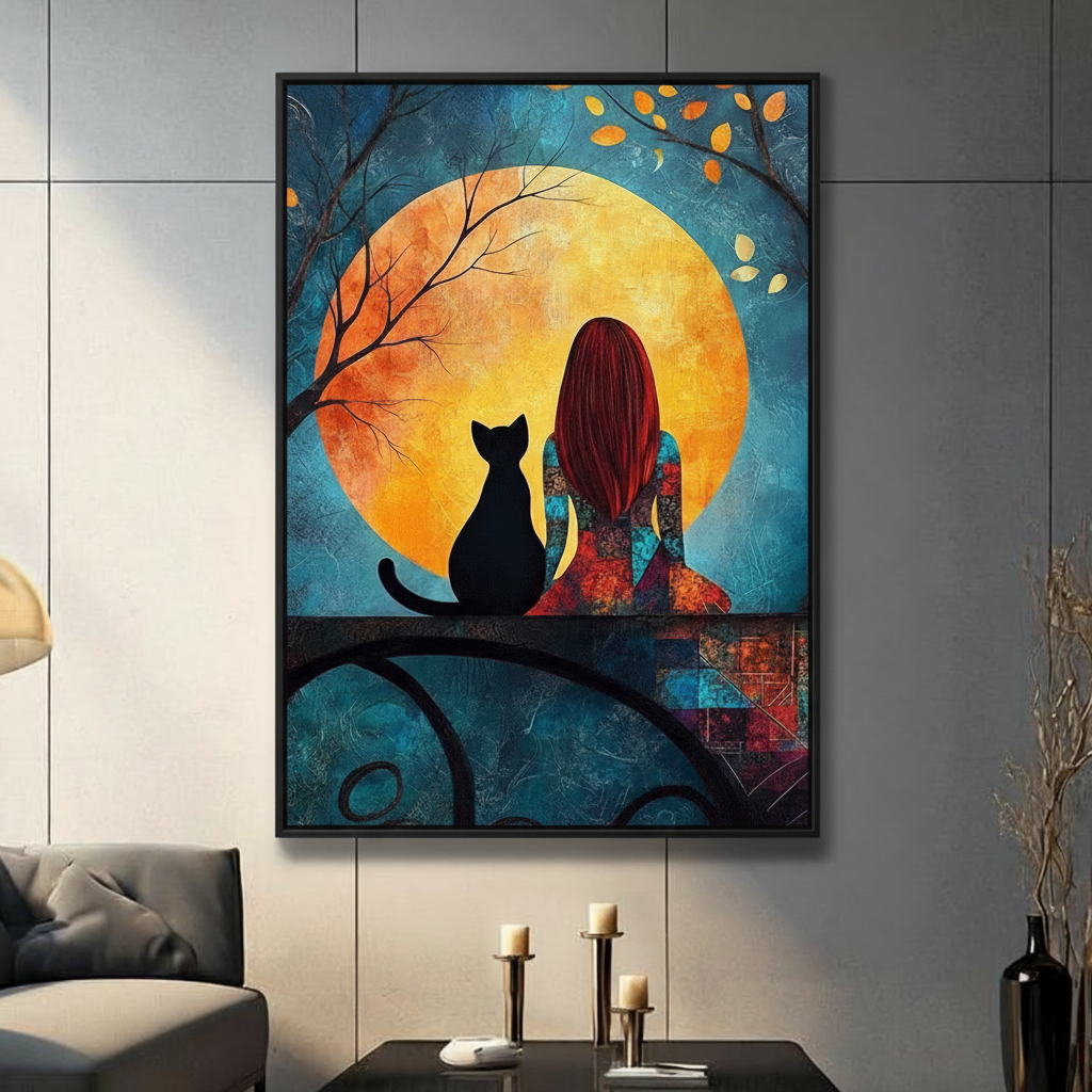 Girl Black Cat Moon Night Romantic Canvas Print w6045