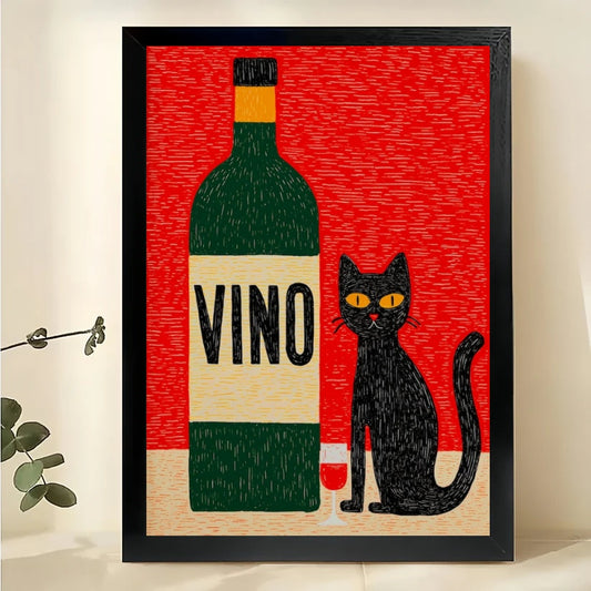 VINO Black Cat Wine – Retro Cat & Wine Bar Wall Art on Natural Wood Canvas | W2064