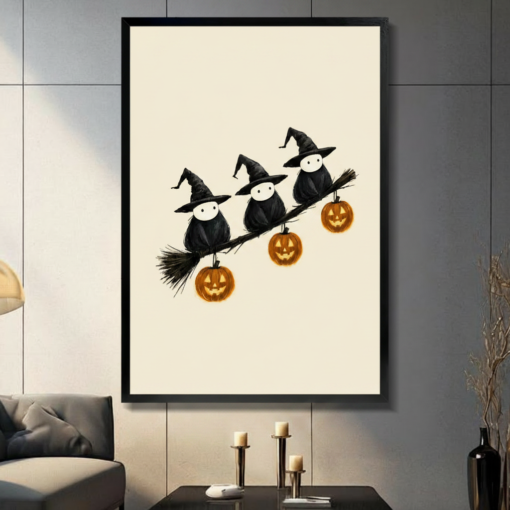 Halloween Witch Birds Pumpkin Canvas Art w3287