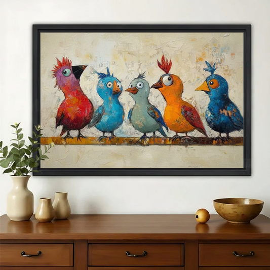Colorful Birds Parade Wall Art – Whimsical Rainbow Birds Canvas Print on Natural Wood Frame | W2413