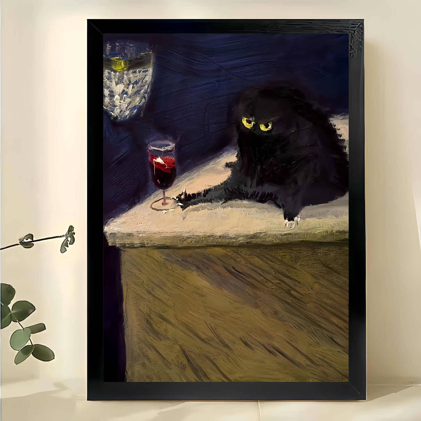 Black Cat with Red Wine Glass – Classic Art Parody Wall Art on Natural Wood Canvas | W845