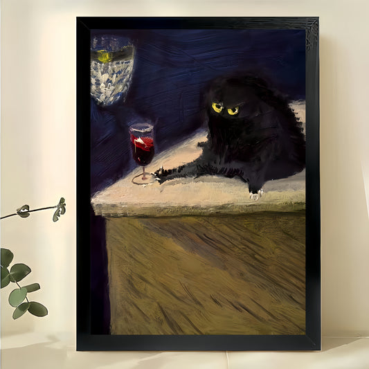 Black Cat with Red Wine Glass – Classic Art Parody Wall Art on Natural Wood Canvas | W845