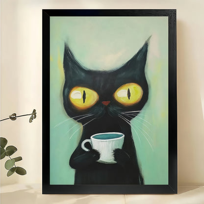 Black Cat Coffee Morning – Retro Cat Coffee Wall Art on Natural Wood Canvas | W2069