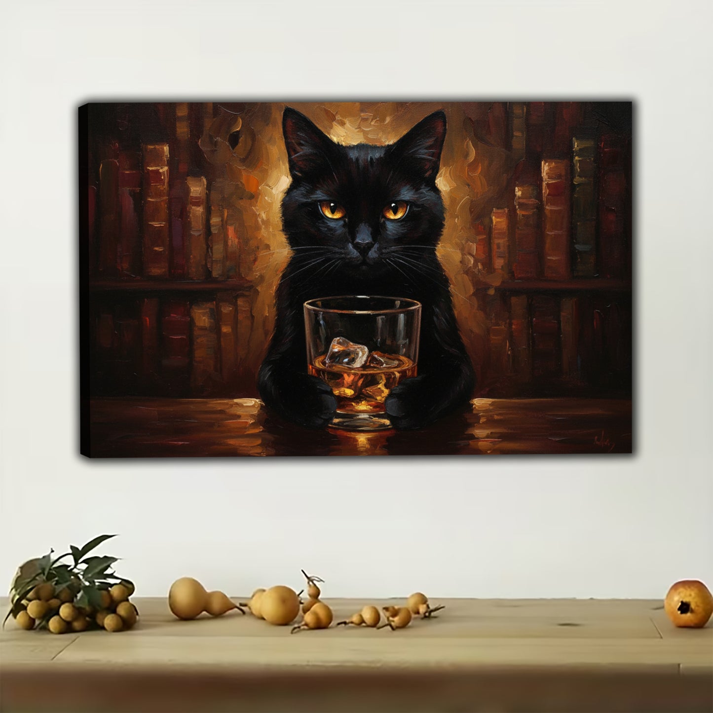 The Whiskey-Sipping Black Cat – Vintage Elegant Wall Art on Natural Wood Canvas | W565