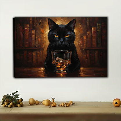 The Whiskey-Sipping Black Cat – Vintage Elegant Wall Art on Natural Wood Canvas | W565
