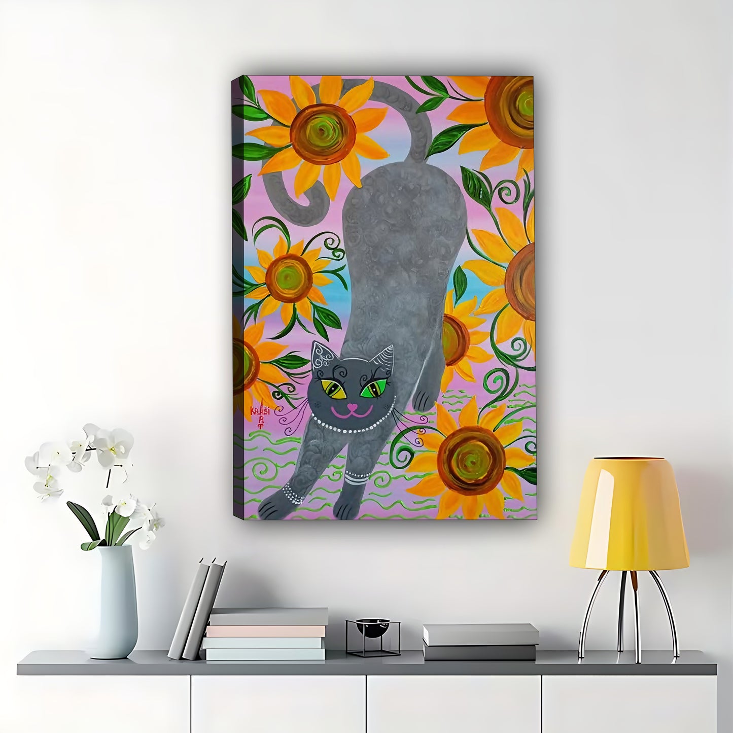 The Sunflower-Backed Black Cat – Cheerful Floral Feline Wall Art on Natural Wood Grain Canvas | W497