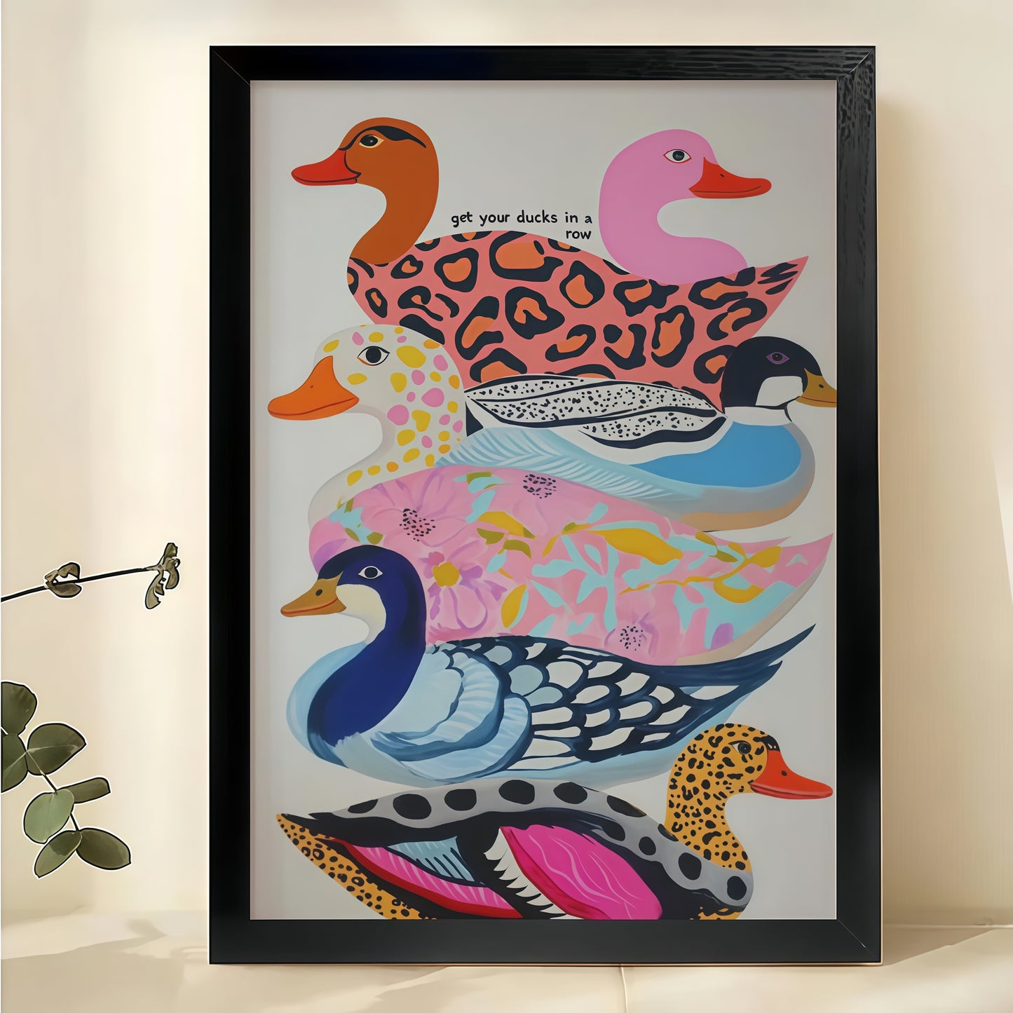 Stacked Pattern Ducks – Whimsical Colorful Wall Art on Natural Wood Canvas | W864