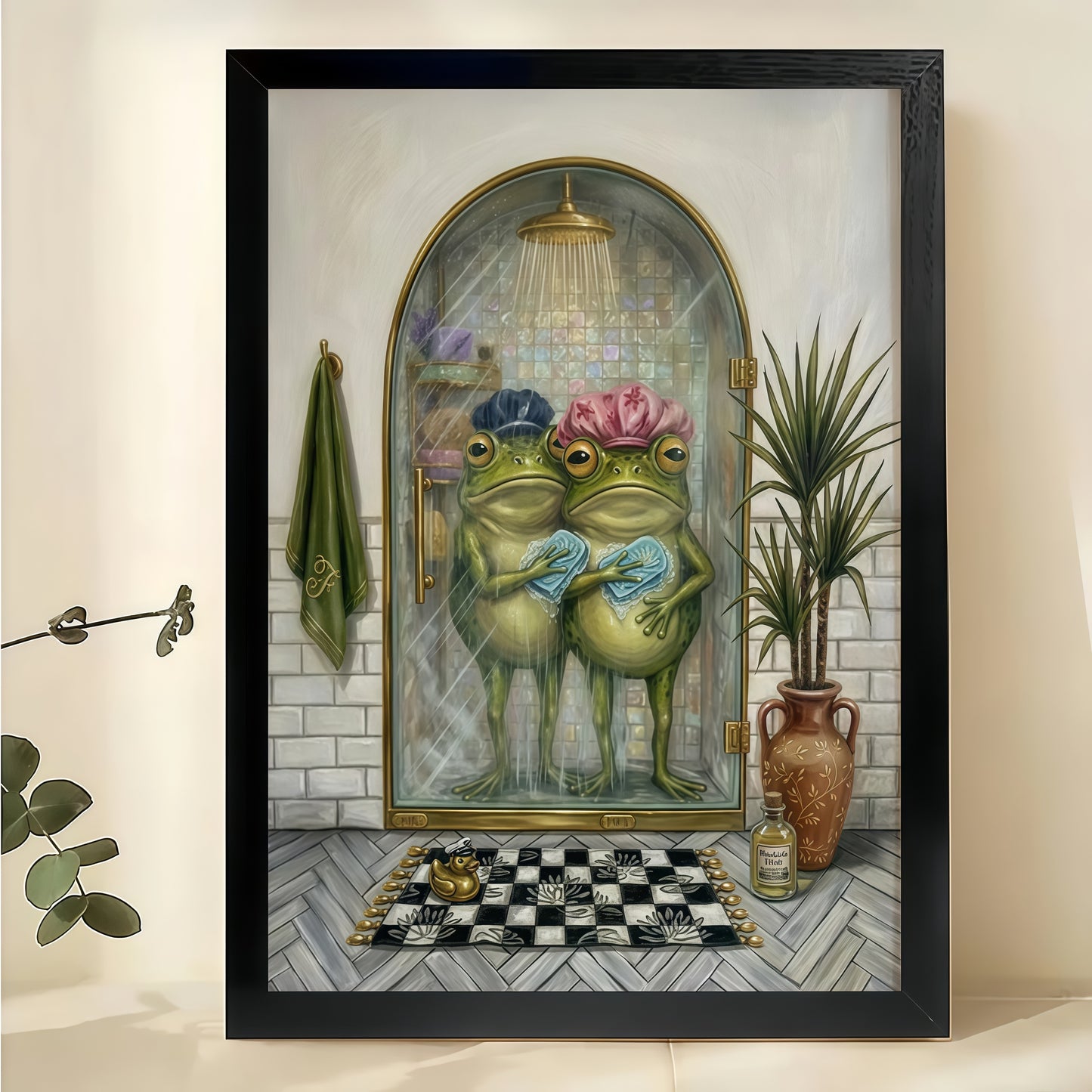 Two Frogs in Shower Caps – Vintage Whimsical Bathroom Wall Art on Natural Wood Canvas | W965