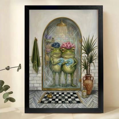 Two Frogs in Shower Caps – Vintage Whimsical Bathroom Wall Art on Natural Wood Canvas | W965