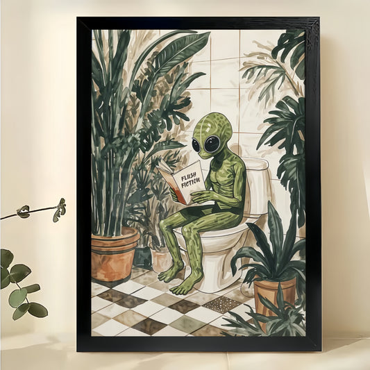 Alien Reading on Toilet – Whimsical Botanical Bathroom Wall Art on Natural Wood Canvas | W851