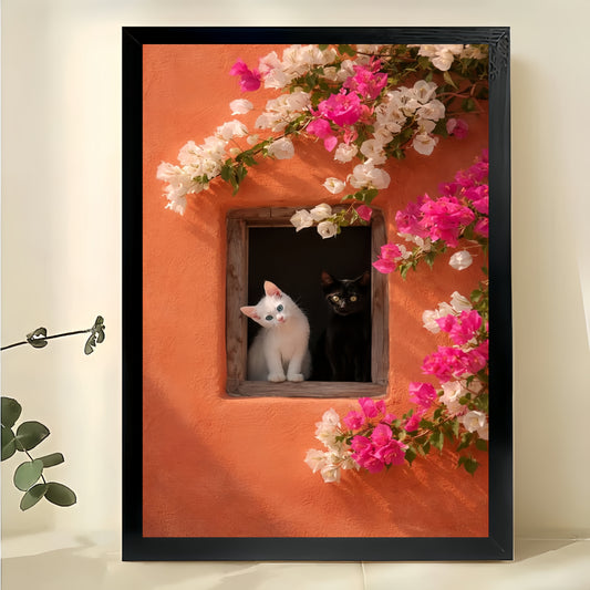 Mediterranean Window Cat Wall Art – Floral Orange Wall Cat Canvas Print Wood Framed | W2300