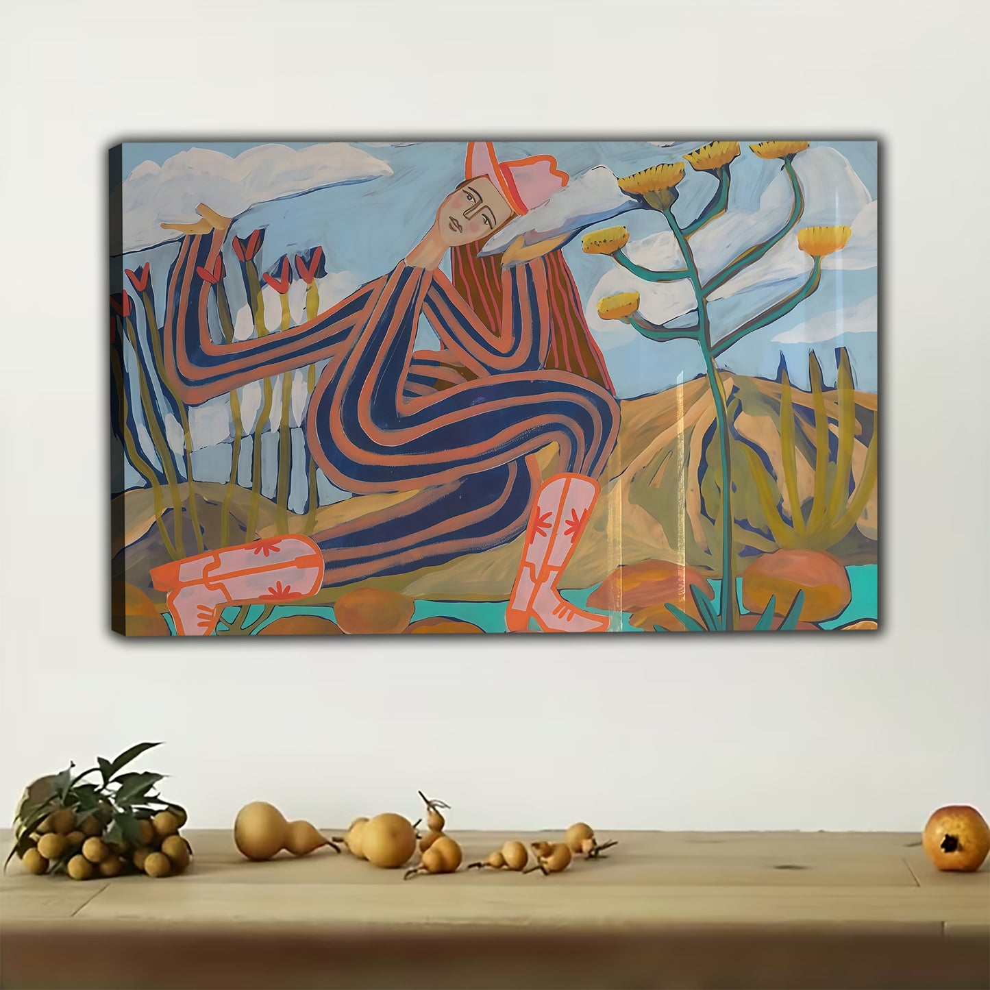 The Abstract Desert Figure – Bohemian Art Wall Decor on Natural Wood Canvas | W580