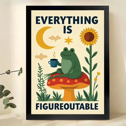 The Frog  Sunflower “Everything Is Figureoutable – Whimsical Inspirational Wall Art on Natural Wood Canvas | W668
