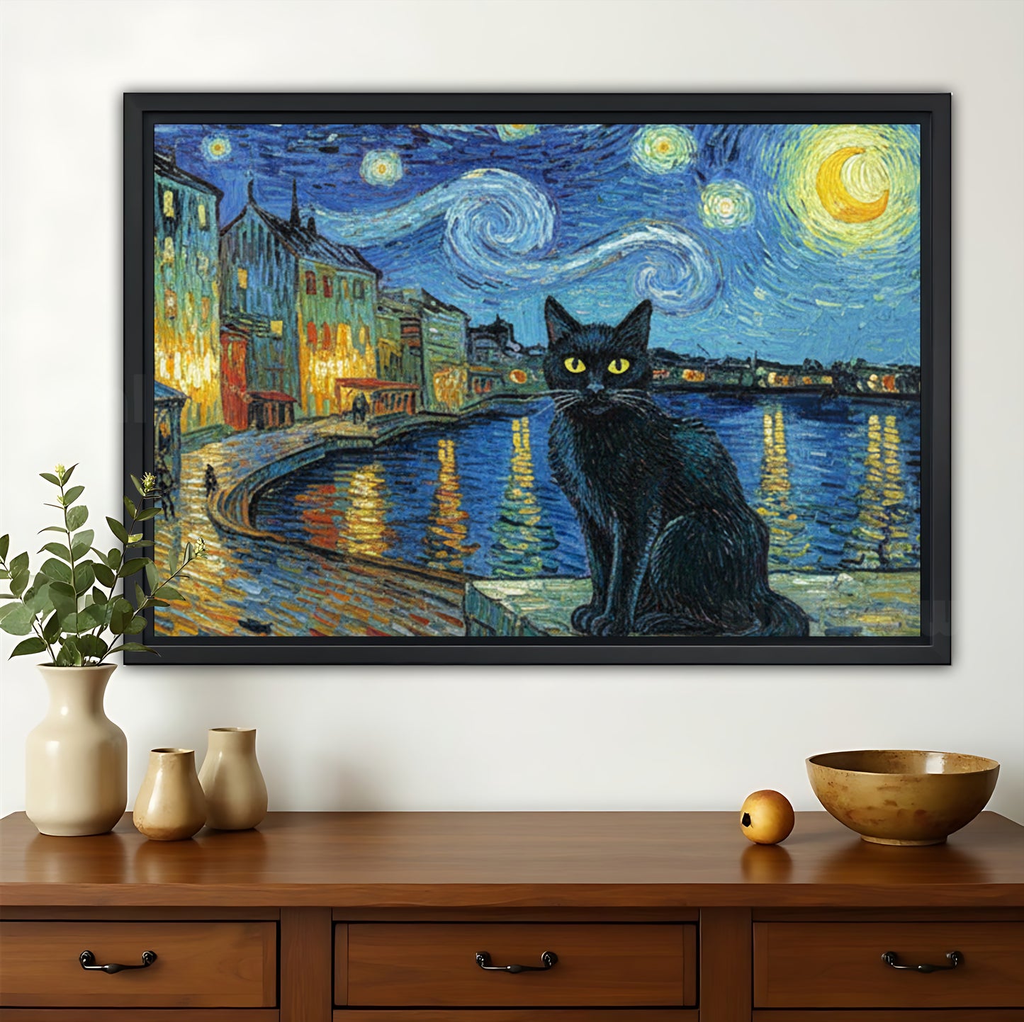 Van Gogh Starry Night Black Cat – Artistic Whimsical Wall Art on Natural Wood Canvas | W751