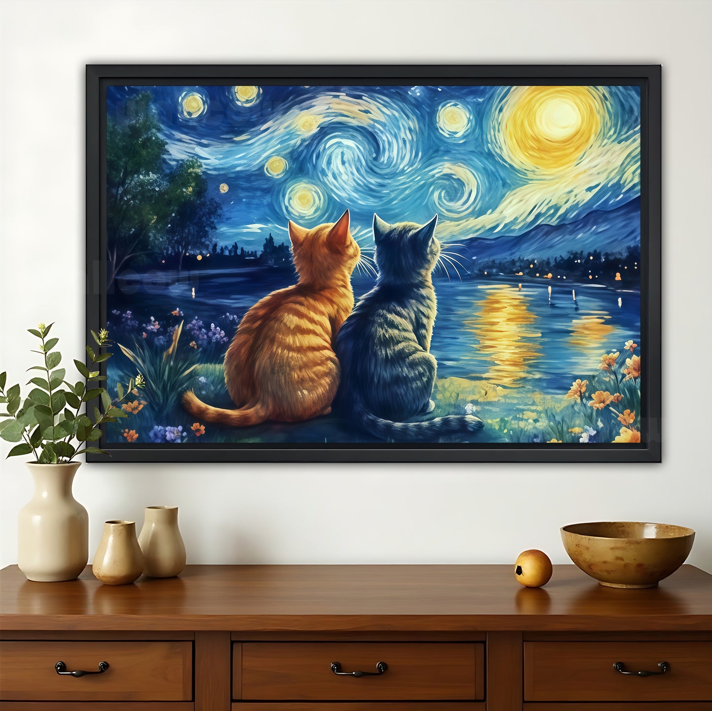 The Starry Night Duo Cats – Van Gogh-Inspired Artistic Wall Art on Natural Wood Canvas | W627