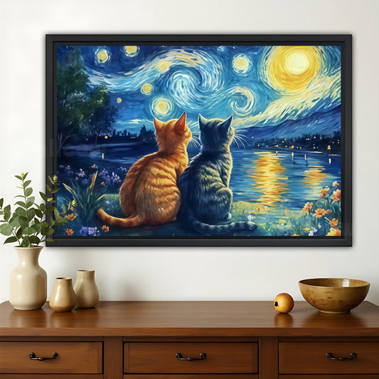 The Starry Night Duo Cats – Van Gogh-Inspired Artistic Wall Art on Natural Wood Canvas | W627