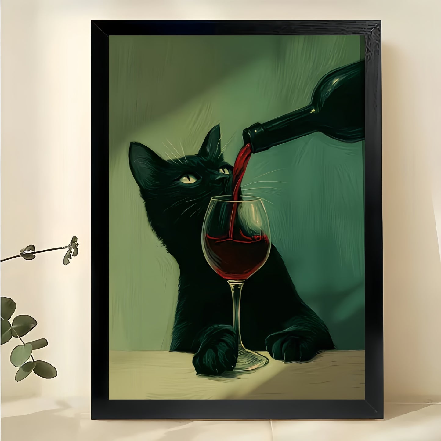 Black Cat Pouring Red Wine – Artistic Moody Wall Art on Natural Wood Canvas | W815