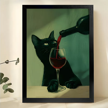 Black Cat Pouring Red Wine – Artistic Moody Wall Art on Natural Wood Canvas | W815